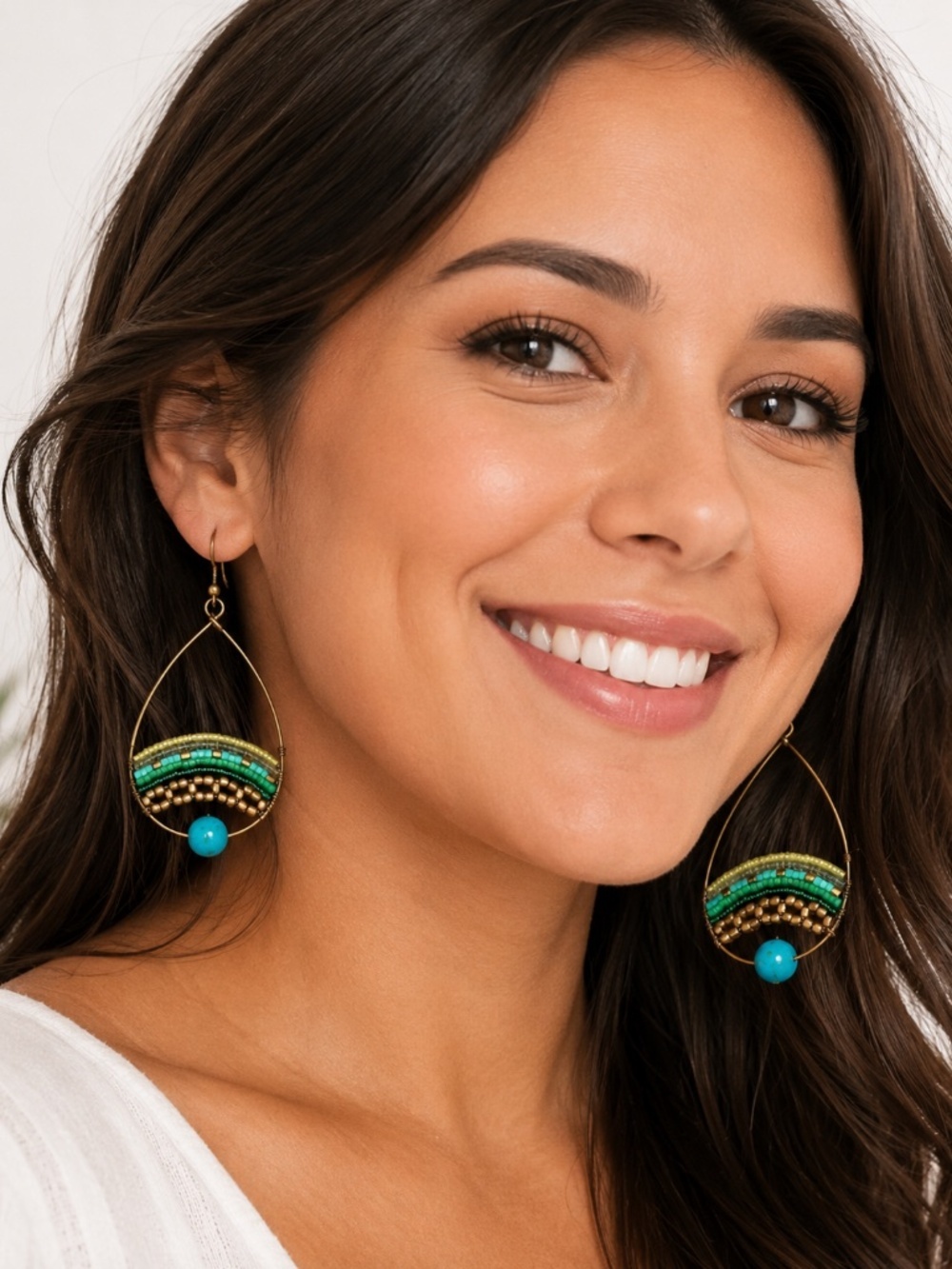 Handmade Teardrop Earrings – Green & Gold Beaded Design